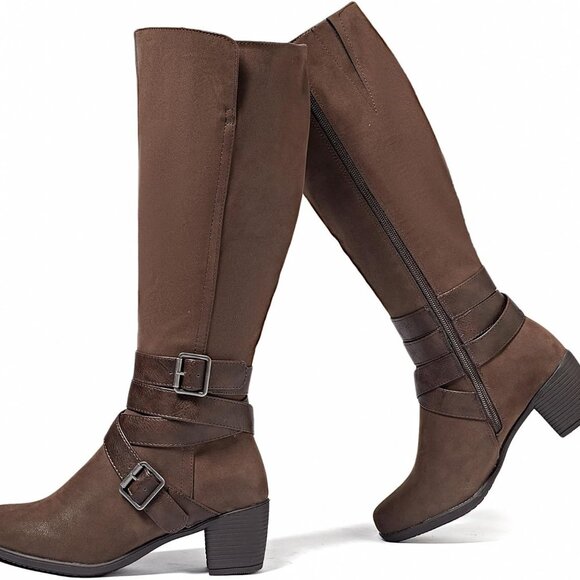 Women's Brown Zpu 304 Knee High Boots with Chunky Heel and Pointed Toe - Picture 1 of 6
